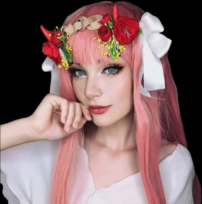 A Woman With Pink Hair And Flowers In Her Hair