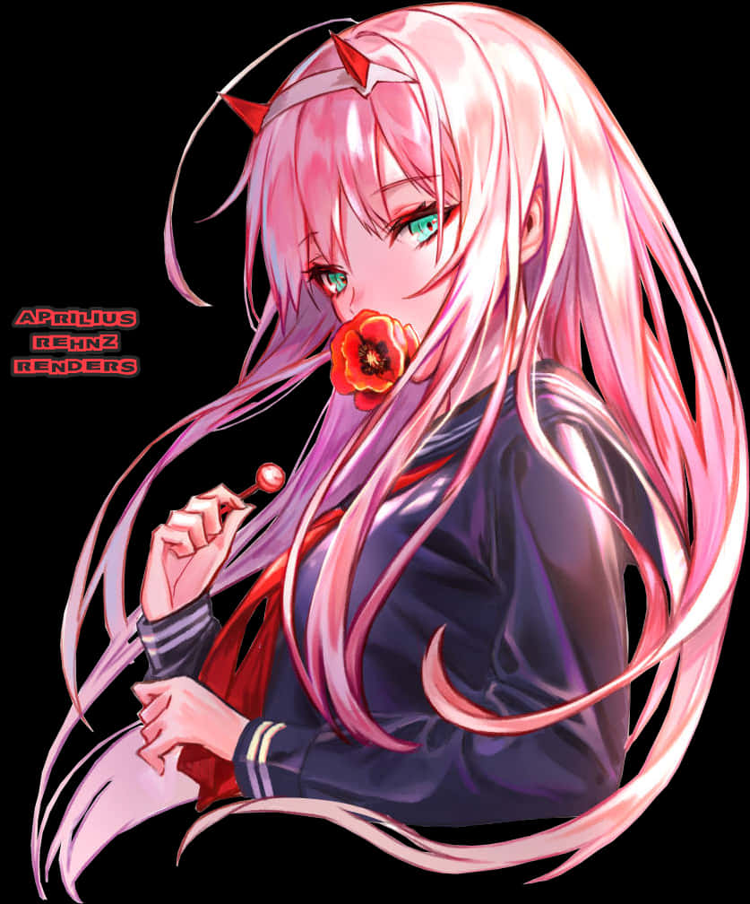 A Cartoon Of A Girl With Long Pink Hair And A Red Flower In Her Mouth