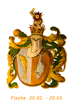 A Gold And Green Crest With Fish And A Woman On Top