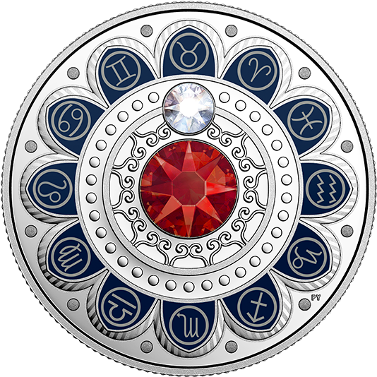 A Silver Coin With A Red Gem In The Center