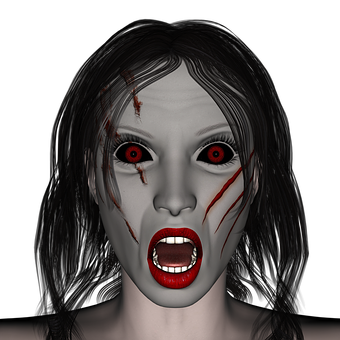 A Woman With Red Eyes And Blood On Her Face